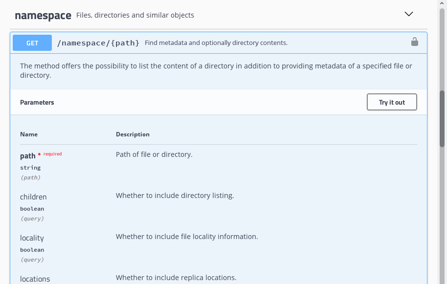 Documentation on GET /namespace operation